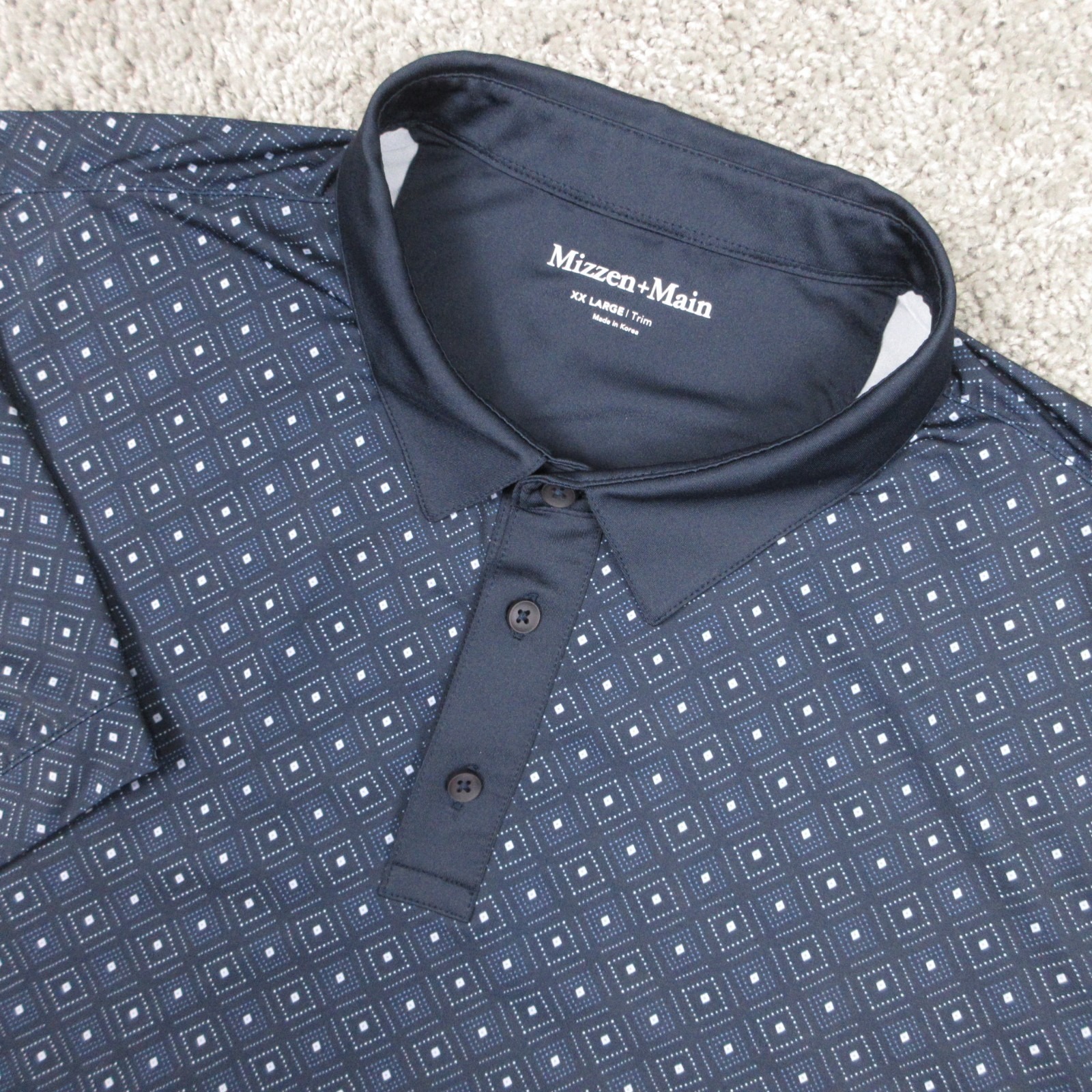 Mizzen+Main Polo Shirt Mens 2xl Navy Geometric Trim Fit Performance Golf Logo
